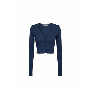Eterne Navy Blue Cropped Ribbed V-Neck Button Cardigan